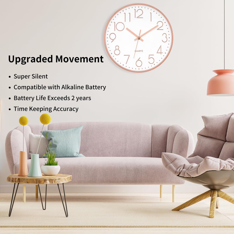 Foxtop Modern Wall Clock 12 Inch Non-Ticking Silent Battery Operated Round Quartz Rose Gold Wall Clock for Office Bedroom Living Room Kitchen Home School Decor - Image 3